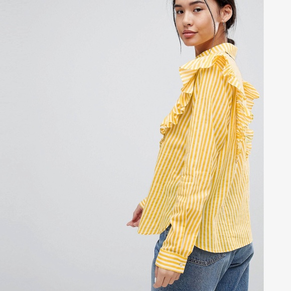 ASOS Noisy May Yellow White Stripe Ruffle Blouse Button Down Cotton Top XSmall - Picture 15 of 16